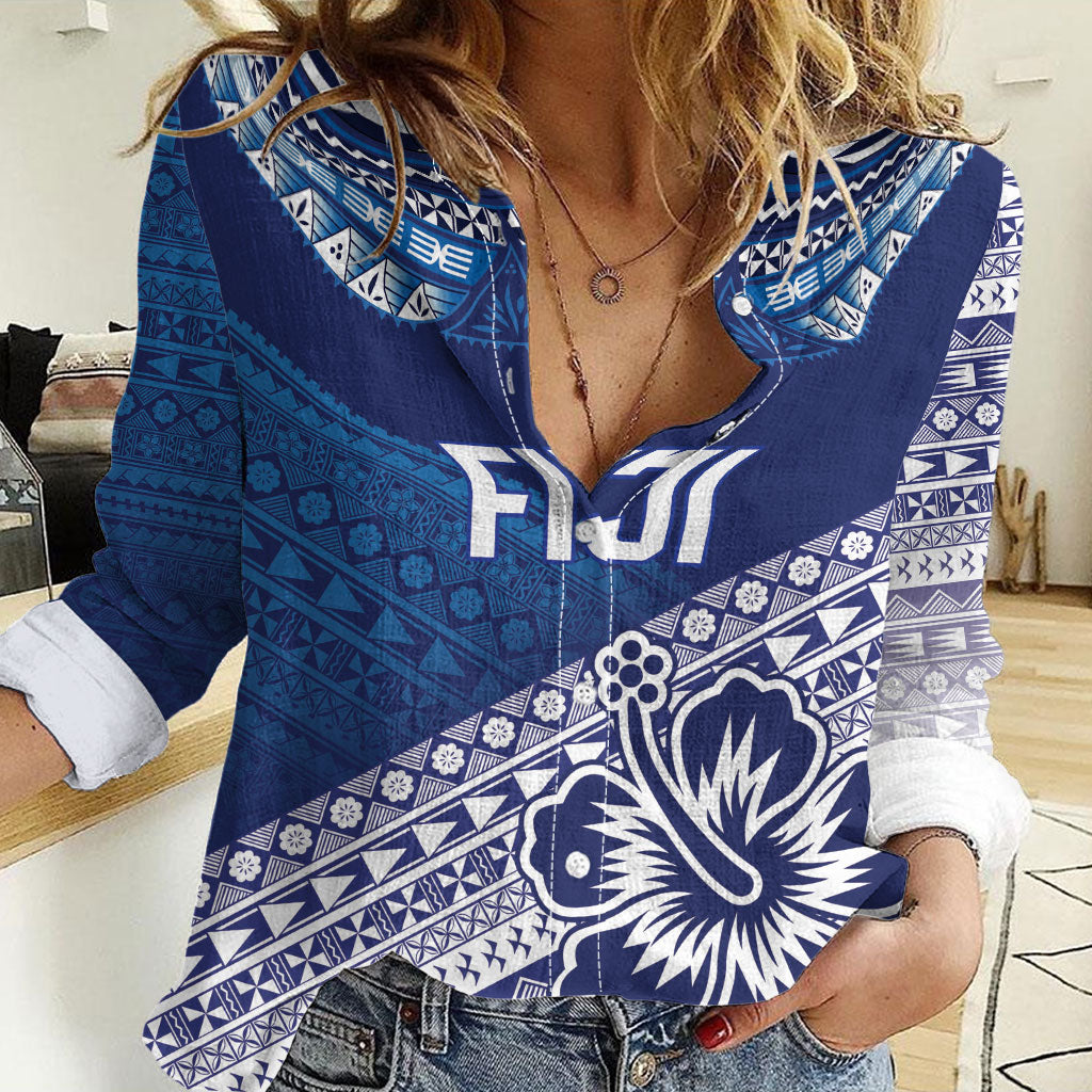 Custom Rugby Fiji Women Casual Shirt Blue Traditional Masi Inspired LT9 Female Blue - Polynesian Pride