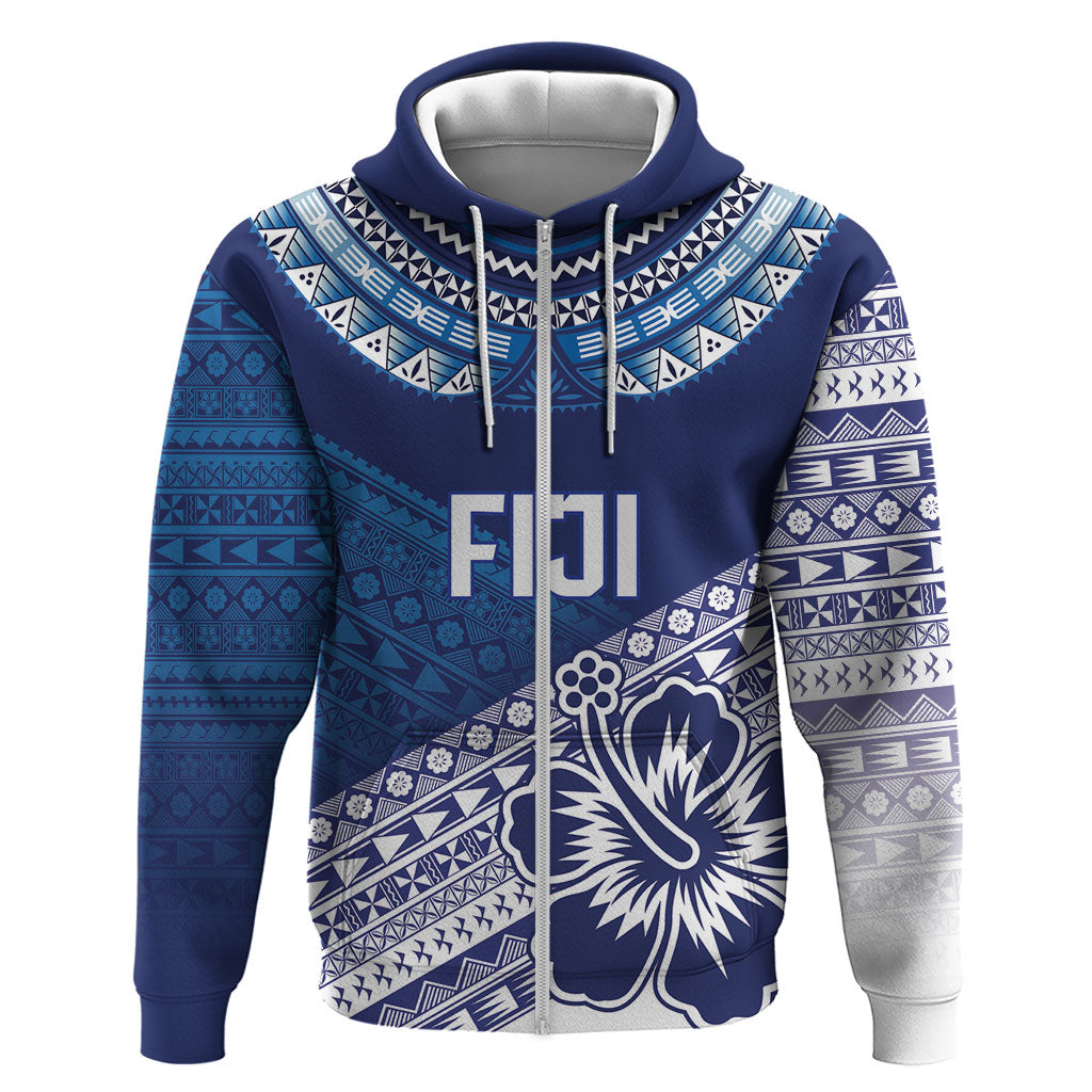 Custom Rugby Fiji Zip Hoodie Blue Traditional Masi Inspired LT9 Zip Hoodie Blue - Polynesian Pride