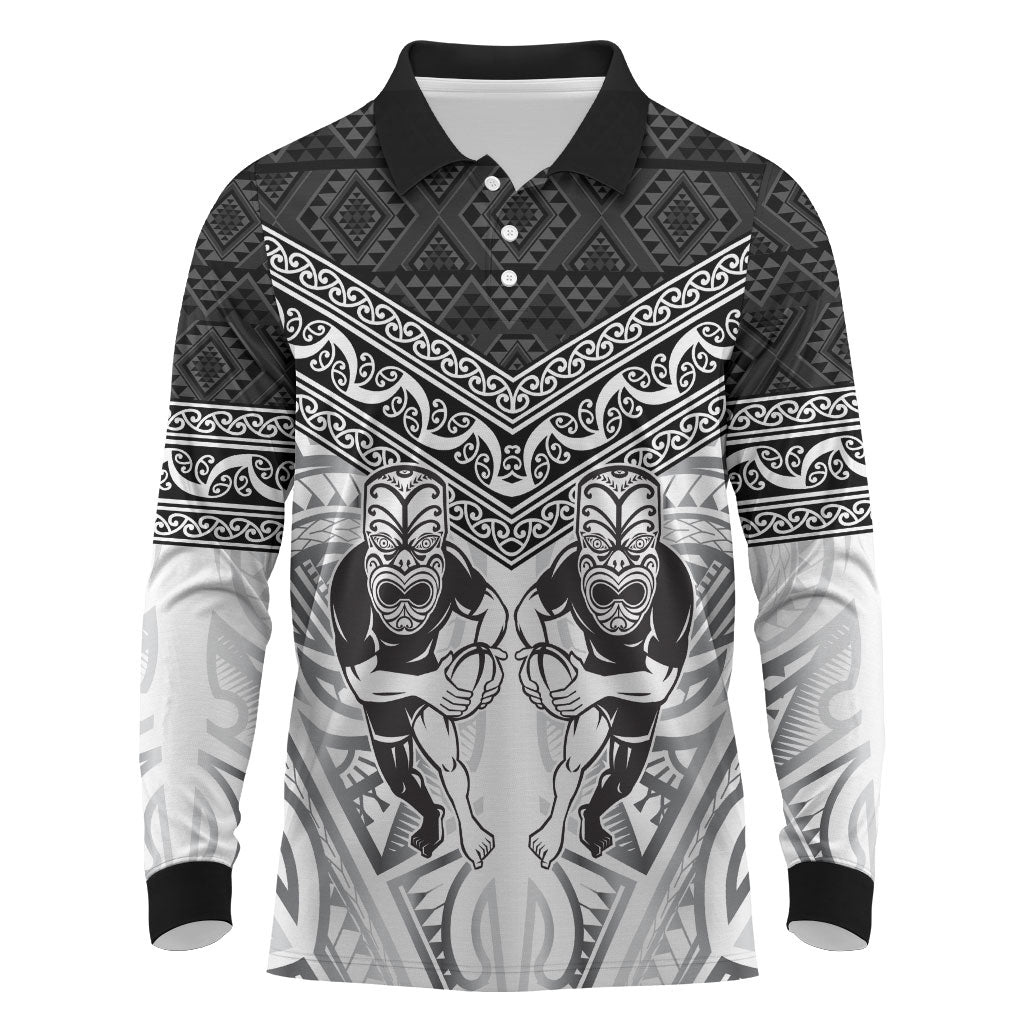 Custom Rugby New Zealand Black Fern Long Sleeve Polo Shirt Niho Taniwha Inspired LT9 White - Polynesian Pride