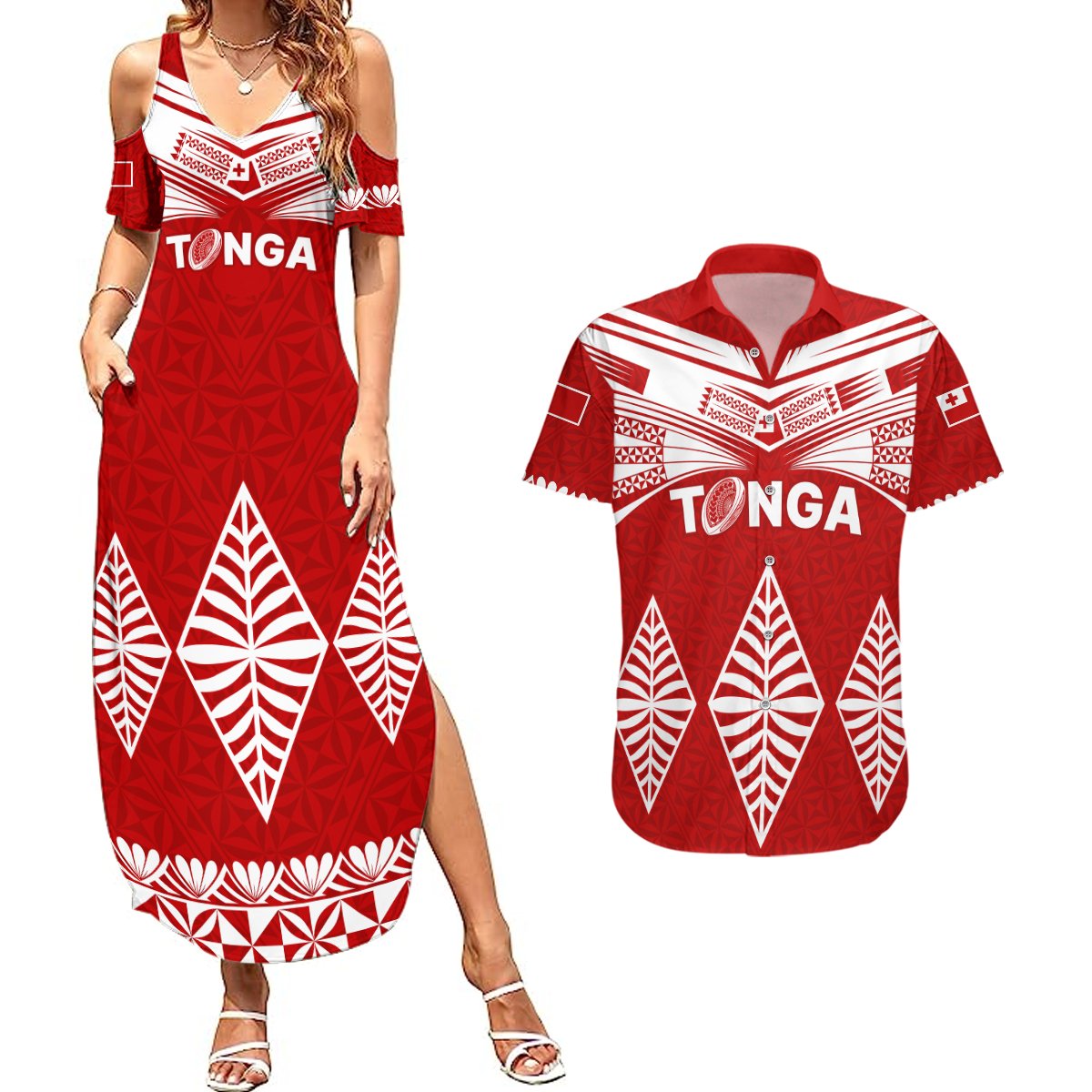 Tonga Rugby Couples Matching Summer Maxi Dress and Hawaiian Shirt Proud Tongan Ngatu Kupesi World Cup 2023 No1 LT9 White - Polynesian Pride