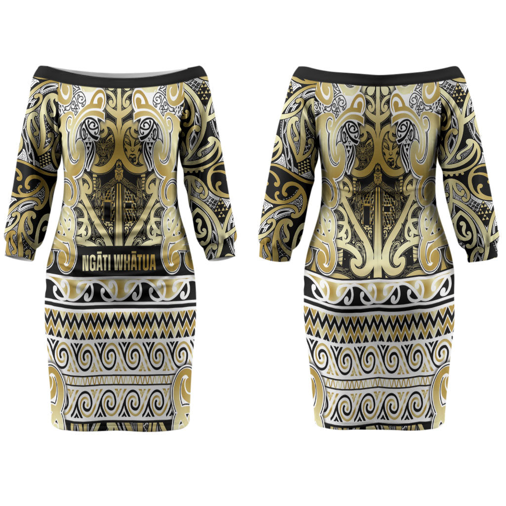 Aotearoa Iwi Ngati Whatua Couples Matching Off The Shoulder Long Sleeve Dress and Long Sleeve Button Shirt Maori Wharenui House Tribal Pattern LT9 - Polynesian Pride