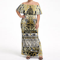 Aotearoa Iwi Ngati Whatua Off Shoulder Maxi Dress Maori Wharenui House Tribal Pattern LT9 Women Gold - Polynesian Pride