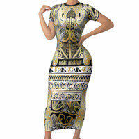 Aotearoa Iwi Ngati Whatua Short Sleeve Bodycon Dress Maori Wharenui House Tribal Pattern LT9 Long Dress Gold - Polynesian Pride