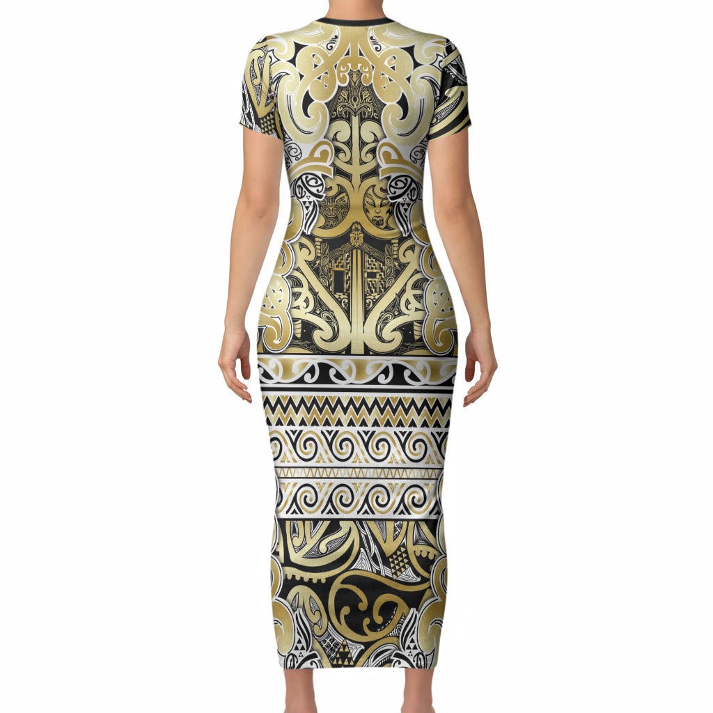 Aotearoa Iwi Ngati Whatua Short Sleeve Bodycon Dress Maori Wharenui House Tribal Pattern LT9 - Polynesian Pride