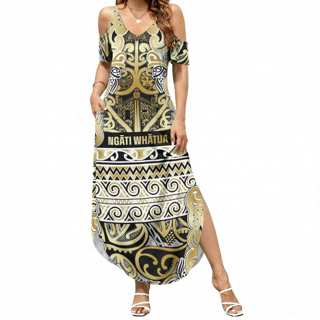 Aotearoa Iwi Ngati Whatua Summer Maxi Dress Maori Wharenui House Tribal Pattern LT9 Women Gold - Polynesian Pride