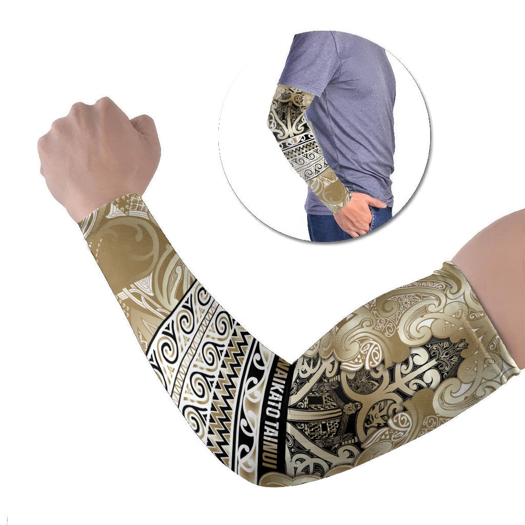 Aotearoa Iwi Waikato Tainui Arm Sleeves Maori Wharenui House Tribal Pattern LT9 Set of 2 Light Gold - Polynesian Pride