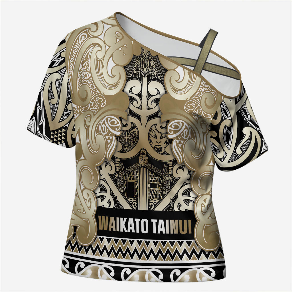 Aotearoa Iwi Waikato Tainui Cross Shoulder Shirt Maori Wharenui House Tribal Pattern LT9 Female Light Gold - Polynesian Pride