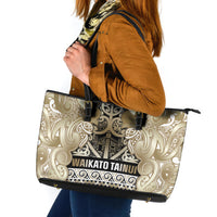 Aotearoa Iwi Waikato Tainui Leather Tote Bag Maori Wharenui House Tribal Pattern LT9 Light Gold - Polynesian Pride