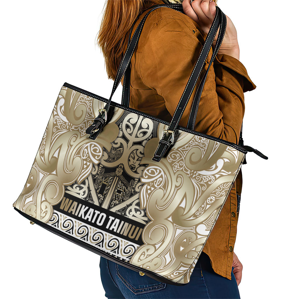 Aotearoa Iwi Waikato Tainui Leather Tote Bag Maori Wharenui House Tribal Pattern LT9 - Polynesian Pride