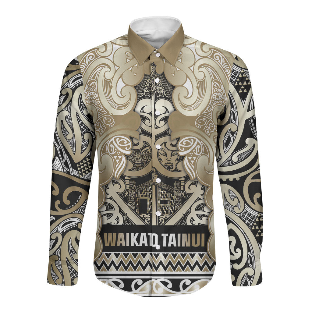 Aotearoa Iwi Waikato Tainui Long Sleeve Button Shirt Maori Wharenui House Tribal Pattern LT9 Unisex Light Gold - Polynesian Pride