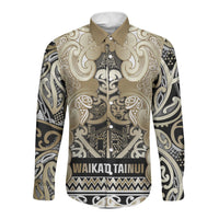 Aotearoa Iwi Waikato Tainui Long Sleeve Button Shirt Maori Wharenui House Tribal Pattern LT9 Unisex Light Gold - Polynesian Pride