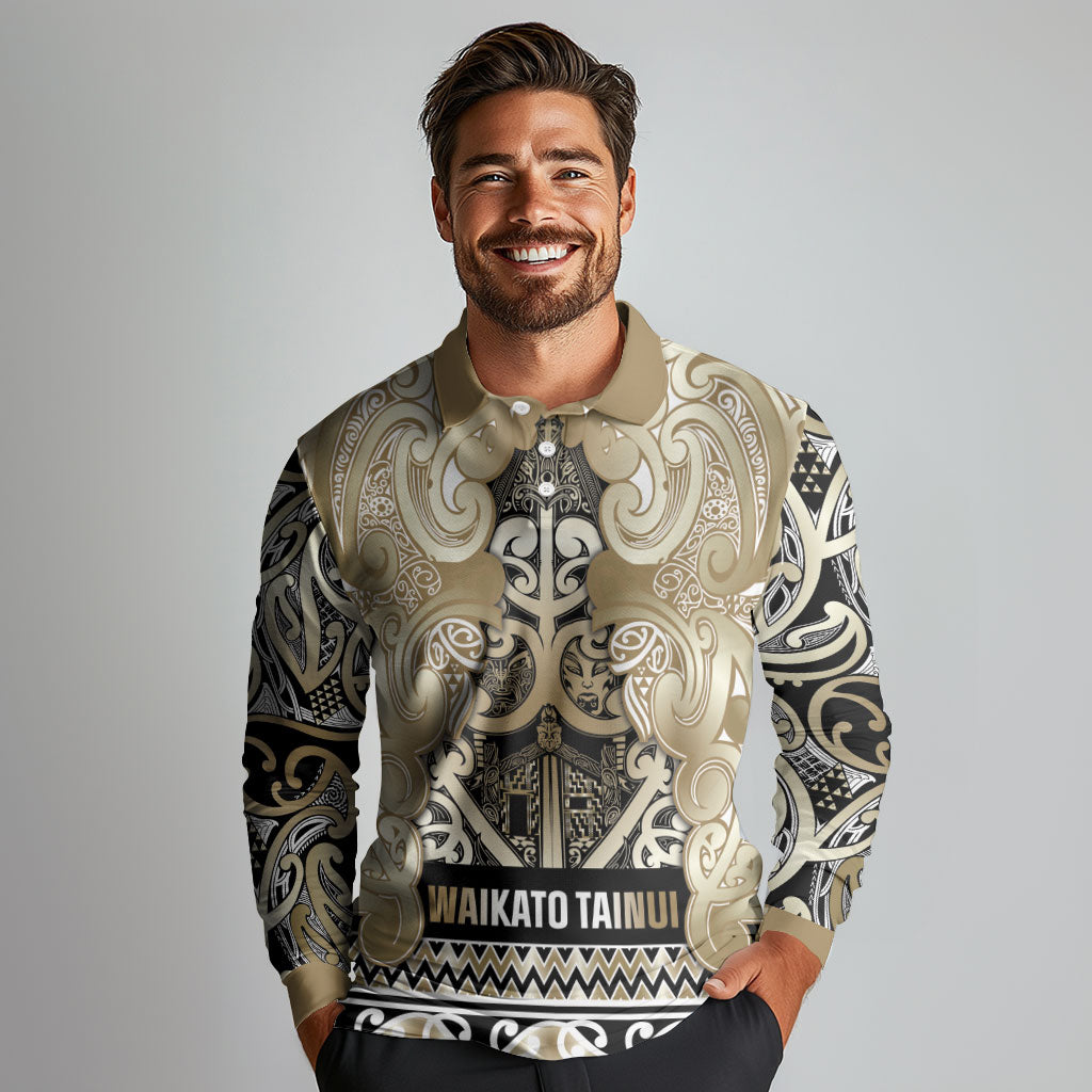 Aotearoa Iwi Waikato Tainui Long Sleeve Polo Shirt Maori Wharenui House Tribal Pattern LT9 - Polynesian Pride
