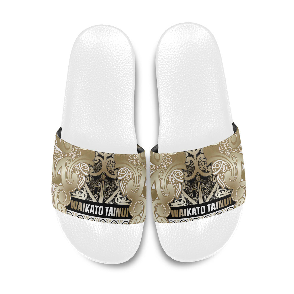 Aotearoa Iwi Waikato Tainui Slide Sandals Maori Wharenui House Tribal Pattern LT9 Light Gold - Polynesian Pride