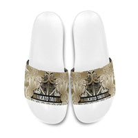Aotearoa Iwi Waikato Tainui Slide Sandals Maori Wharenui House Tribal Pattern LT9 Light Gold - Polynesian Pride