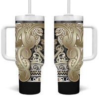 Aotearoa Iwi Waikato Tainui Tumbler With Handle Maori Wharenui House Tribal Pattern LT9 One Size: 40 oz Light Gold - Polynesian Pride