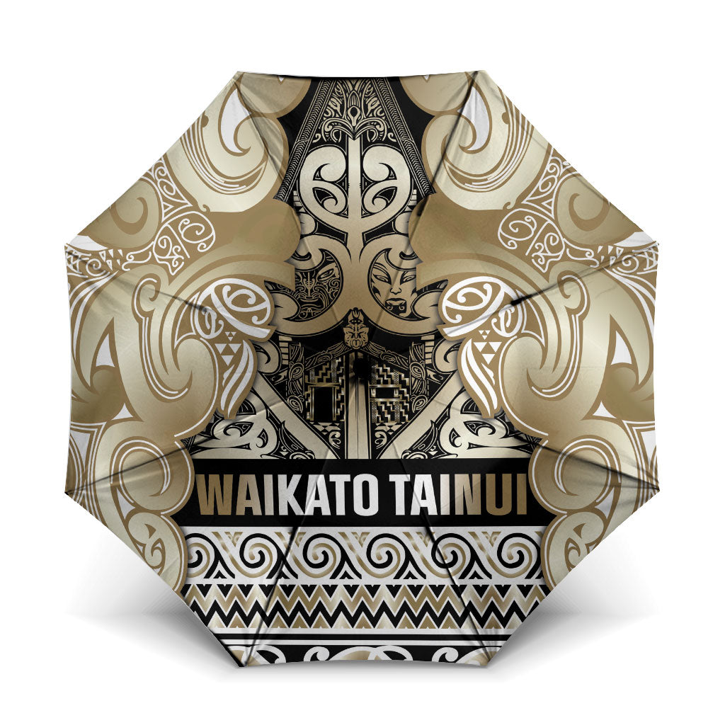 Aotearoa Iwi Waikato Tainui Umbrella Maori Wharenui House Tribal Pattern LT9 One Size Folded 11.42 inch Opened Diameter 37.4 inch Light Gold - Polynesian Pride