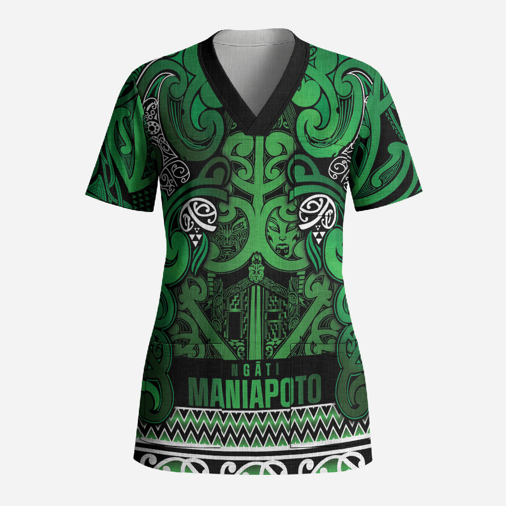 Aotearoa Iwi Ngati Maniapoto Scrub Top Maori Wharenui House Tribal Pattern LT9 Adult Dark green - Polynesian Pride