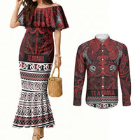 Aotearoa Iwi Te Arawa Couples Matching Mermaid Dress and Long Sleeve Button Shirt Maori Wharenui House Tribal Pattern LT9 Dark Red - Polynesian Pride