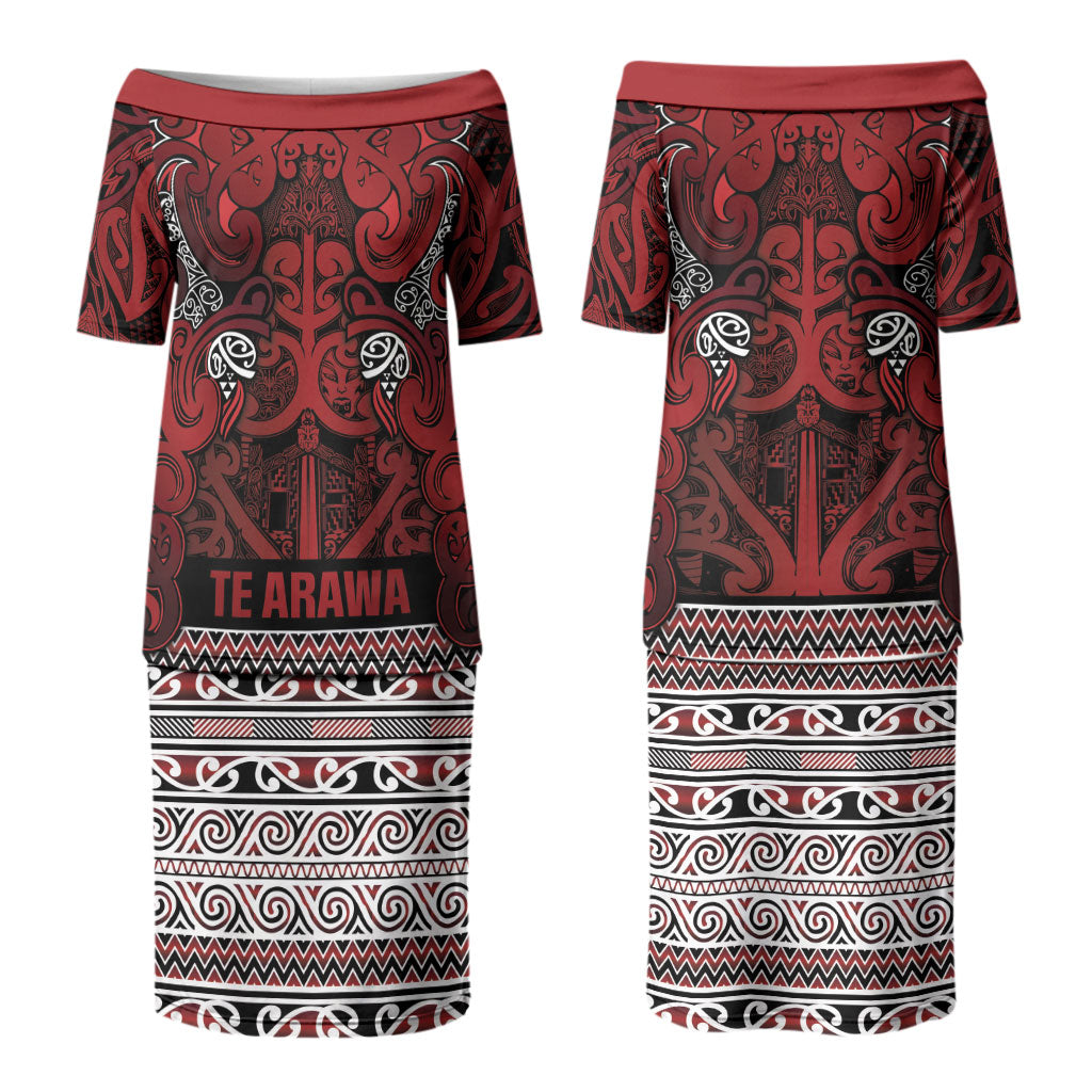 Aotearoa Iwi Te Arawa Couples Matching Puletasi and Long Sleeve Button Shirt Maori Wharenui House Tribal Pattern LT9 - Polynesian Pride