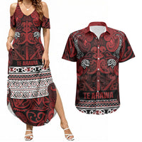 Aotearoa Iwi Te Arawa Couples Matching Summer Maxi Dress and Hawaiian Shirt Maori Wharenui House Tribal Pattern LT9 Dark Red - Polynesian Pride