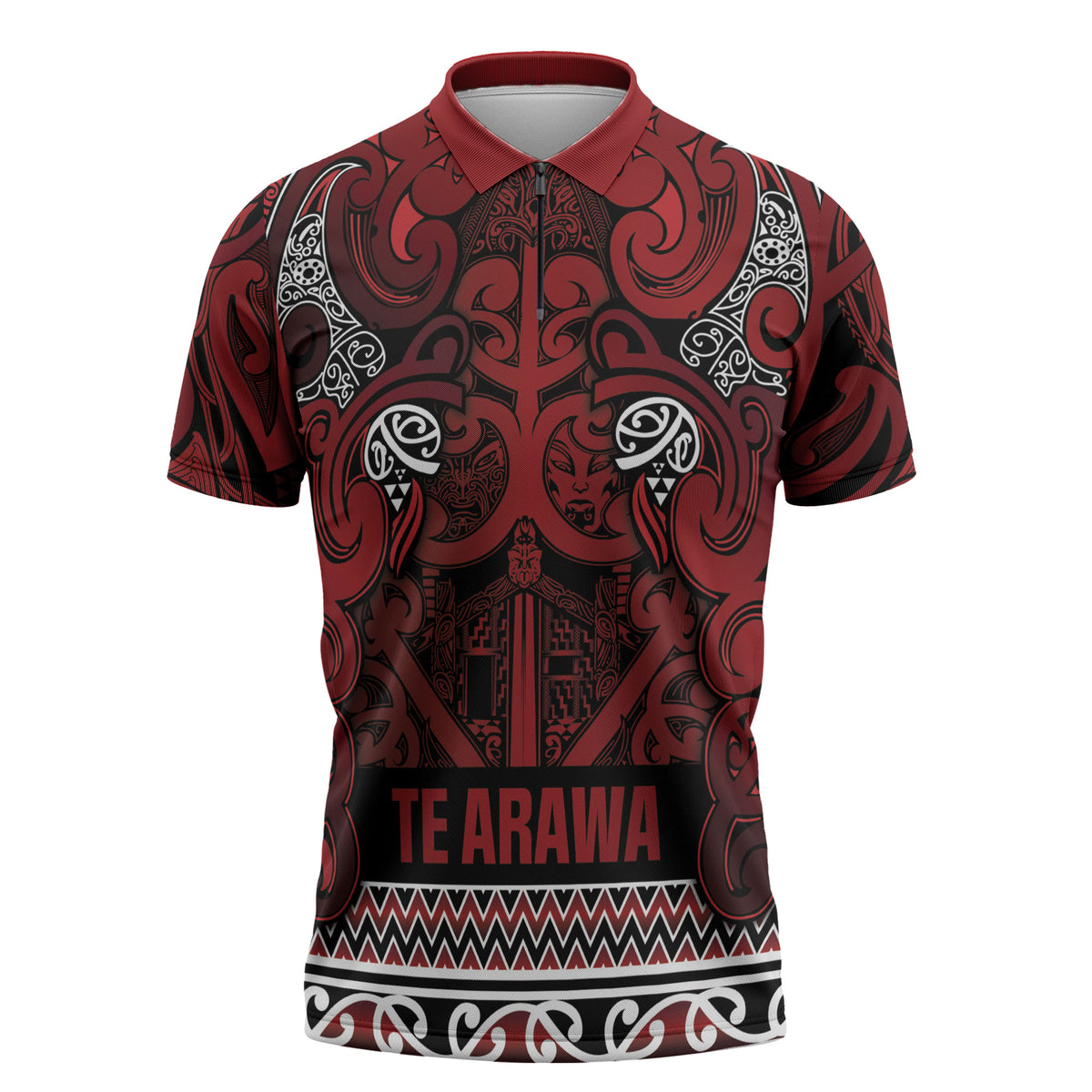 Aotearoa Iwi Te Arawa Zipper Polo Shirt Maori Wharenui House Tribal Pattern LT9 Dark Red - Polynesian Pride