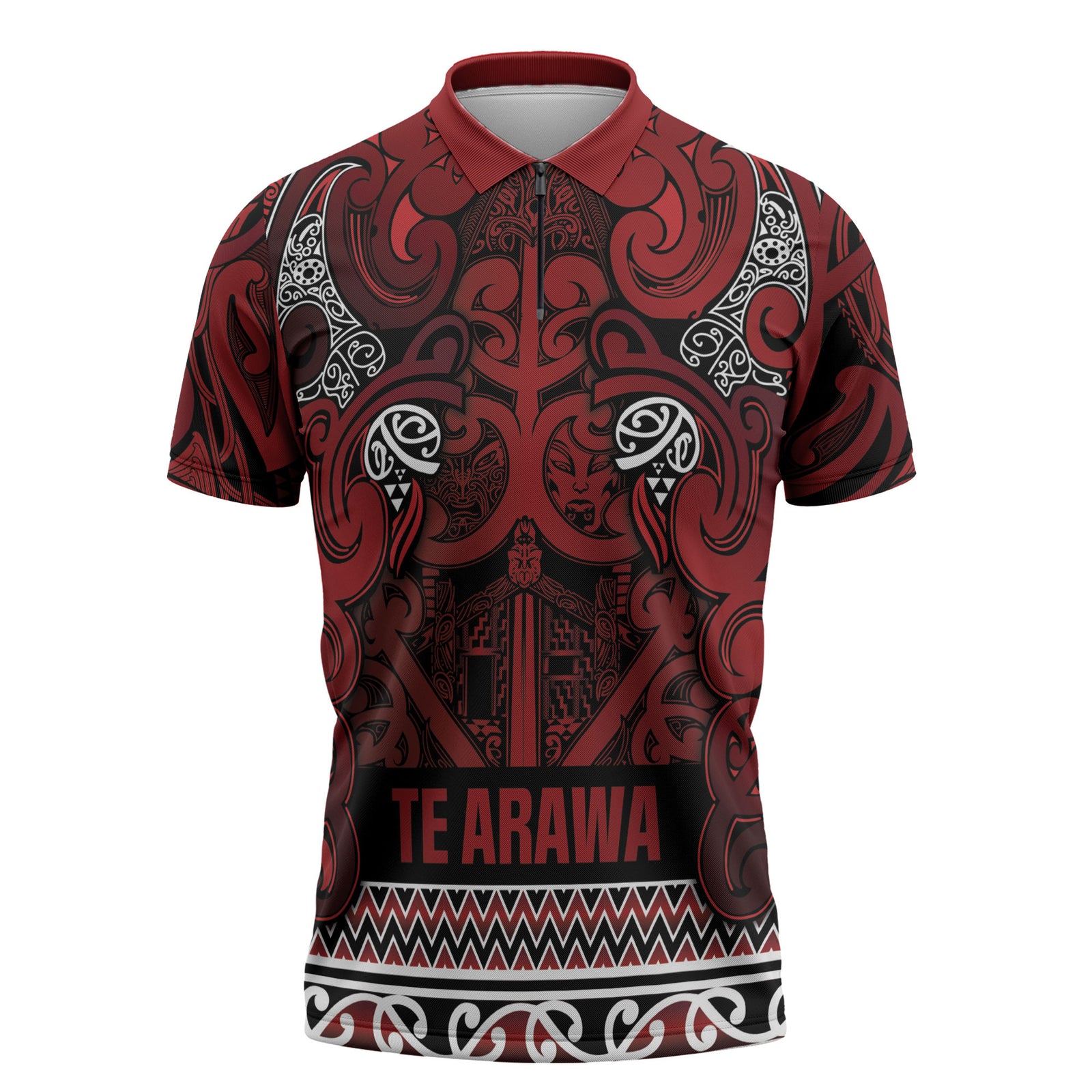 Aotearoa Iwi Te Arawa Zipper Polo Shirt Maori Wharenui House Tribal Pattern LT9 Dark Red - Polynesian Pride