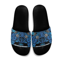 Aotearoa Iwi Ngati Porou Slide Sandals Maori Wharenui House Tribal Pattern LT9 Blue - Polynesian Pride