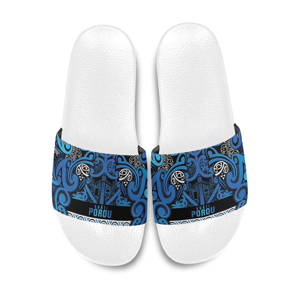 Aotearoa Iwi Ngati Porou Slide Sandals Maori Wharenui House Tribal Pattern LT9 Blue - Polynesian Pride