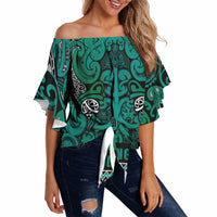 Aotearoa Iwi Ngai Tahu Off Shoulder Wrap Waist Top Maori Wharenui House Tribal Pattern LT9 Turquoise - Polynesian Pride