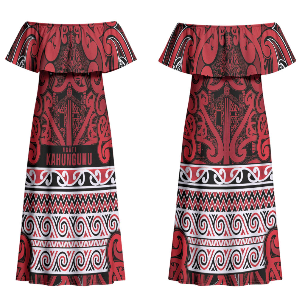Aotearoa Iwi Ngati Kahungunu Couples Matching Off Shoulder Maxi Dress and Long Sleeve Button Shirt Maori Wharenui House Tribal Pattern LT9 - Polynesian Pride