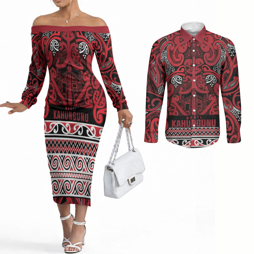 Aotearoa Iwi Ngati Kahungunu Couples Matching Off The Shoulder Long Sleeve Dress and Long Sleeve Button Shirt Maori Wharenui House Tribal Pattern LT9 Dark red - Polynesian Pride