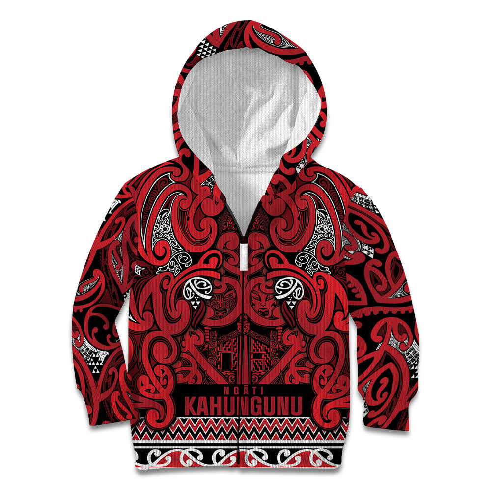 Aotearoa Iwi Ngati Kahungunu Kid Hoodie Maori Wharenui House Tribal Pattern LT9 Zip Hoodie Dark red - Polynesian Pride