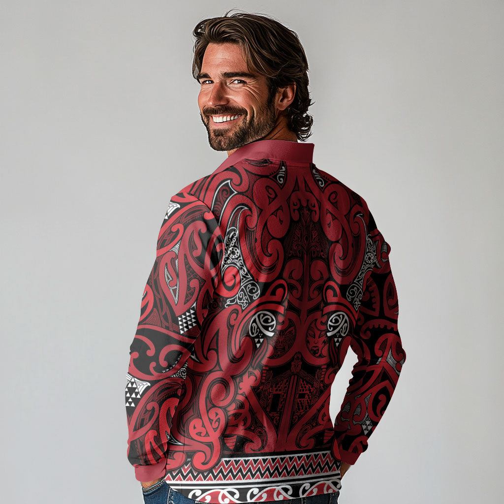 Aotearoa Iwi Ngati Kahungunu Long Sleeve Polo Shirt Maori Wharenui House Tribal Pattern LT9 - Polynesian Pride