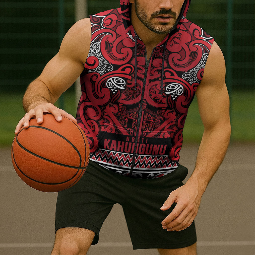 Aotearoa Iwi Ngati Kahungunu Sleeveless Zip Hoodie Maori Wharenui House Tribal Pattern LT9 - Polynesian Pride