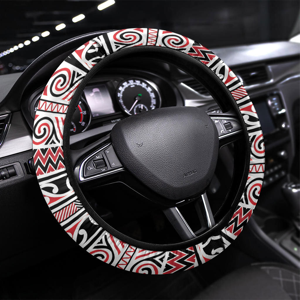 Aotearoa Iwi Ngati Kahungunu Steering Wheel Cover Maori Wharenui House Tribal Pattern LT9 Universal Fit Dark red - Polynesian Pride