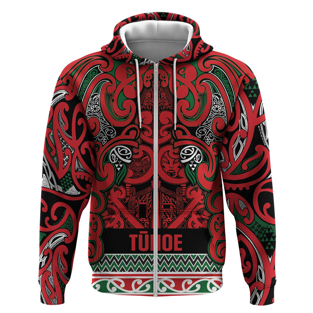 Aotearoa Iwi Tuhoe Hoodie Maori Wharenui House Tribal Pattern LT9 Zip Hoodie Green Red - Polynesian Pride