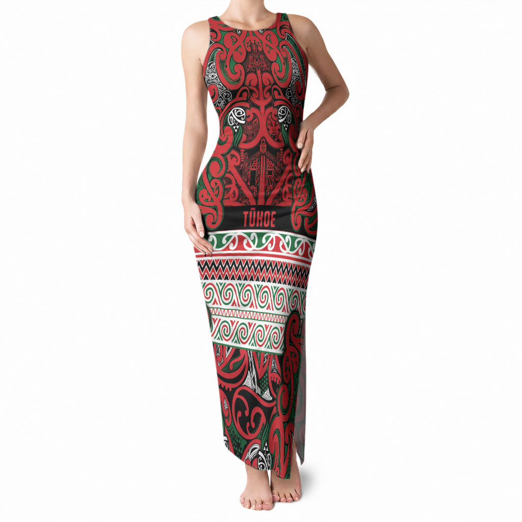 Aotearoa Iwi Tuhoe Tank Maxi Dress Maori Wharenui House Tribal Pattern LT9 Women Green Red - Polynesian Pride