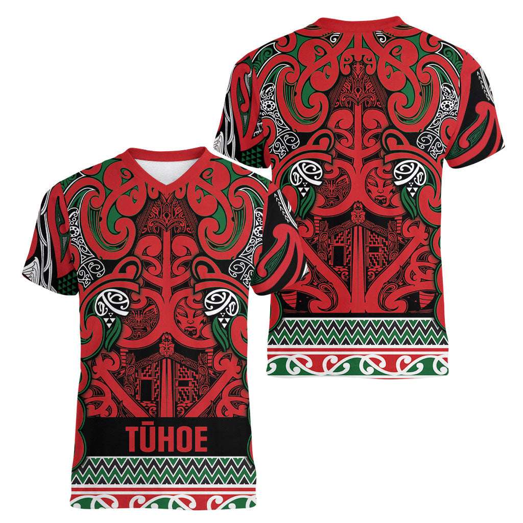 Aotearoa Iwi Tuhoe Women V-Neck T-Shirt Maori Wharenui House Tribal Pattern LT9 - Polynesian Pride