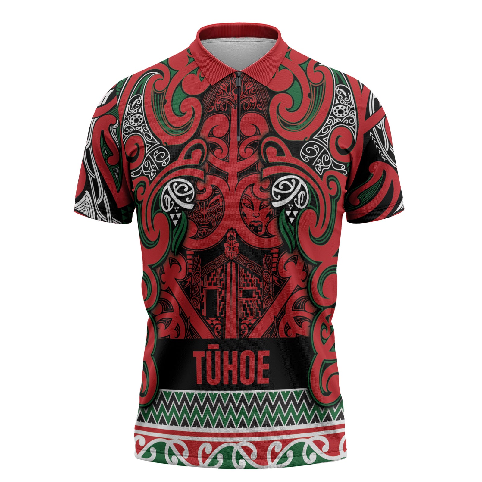 Aotearoa Iwi Tuhoe Zipper Polo Shirt Maori Wharenui House Tribal Pattern LT9 Green Red - Polynesian Pride