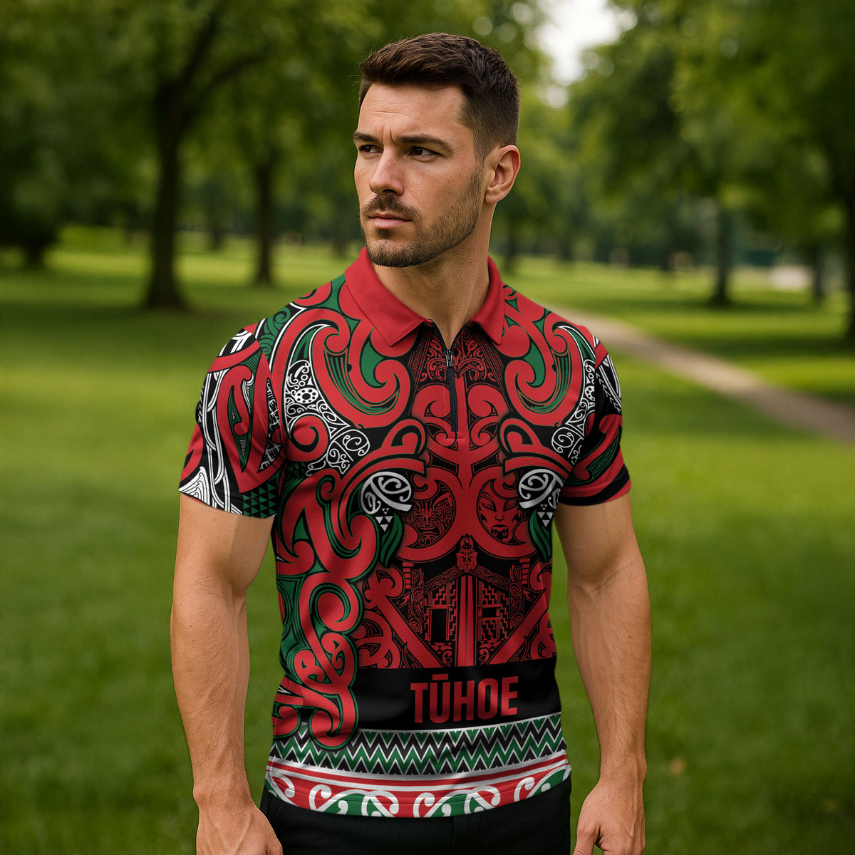 Aotearoa Iwi Tuhoe Zipper Polo Shirt Maori Wharenui House Tribal Pattern LT9 - Polynesian Pride