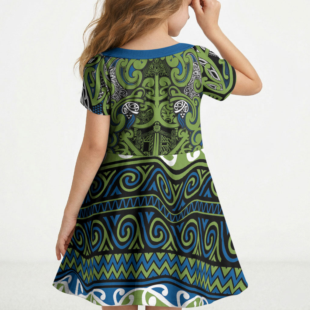 Aotearoa Iwi Whakatohea Kid Short Sleeve Dress Maori Wharenui House Tribal Pattern LT9 - Polynesian Pride