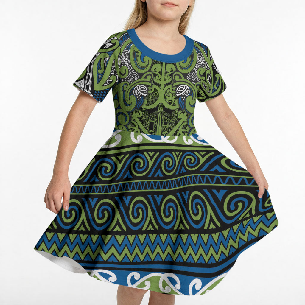 Aotearoa Iwi Whakatohea Kid Short Sleeve Dress Maori Wharenui House Tribal Pattern LT9 - Polynesian Pride