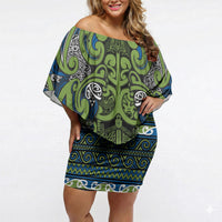 Aotearoa Iwi Whakatohea Off Shoulder Short Dress Maori Wharenui House Tribal Pattern LT9 Women Olive green - Polynesian Pride