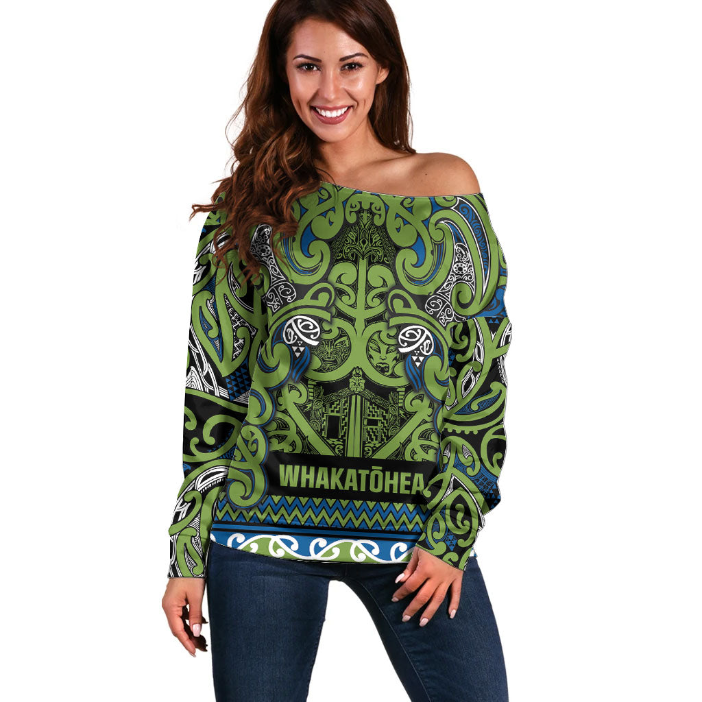 Aotearoa Iwi Whakatohea Off Shoulder Sweater Maori Wharenui House Tribal Pattern LT9 Women Olive green - Polynesian Pride