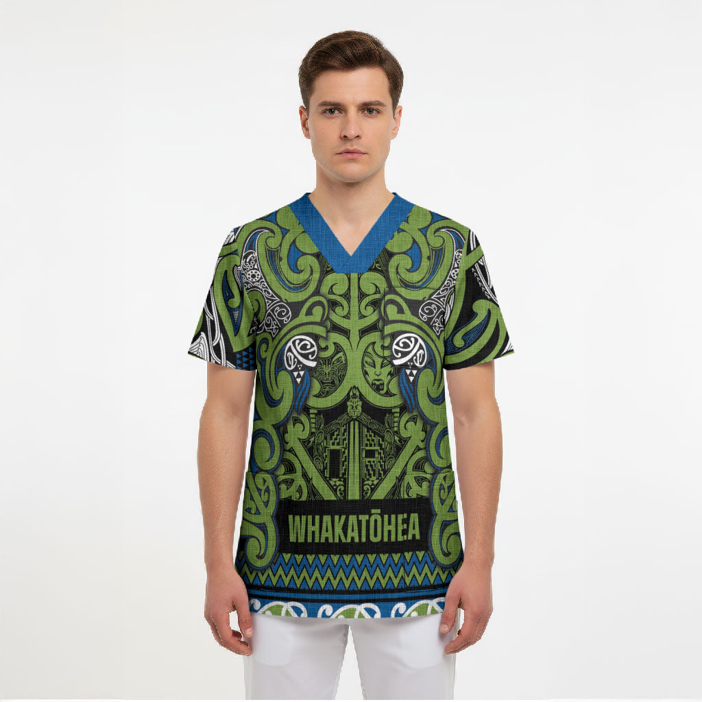 Aotearoa Iwi Whakatohea Scrub Top Maori Wharenui House Tribal Pattern LT9 - Polynesian Pride