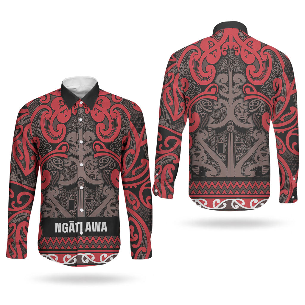 Aotearoa Iwi Ngati Awa Couples Matching Off Shoulder Short Dress and Long Sleeve Button Shirt Maori Wharenui House Tribal Pattern LT9 - Polynesian Pride