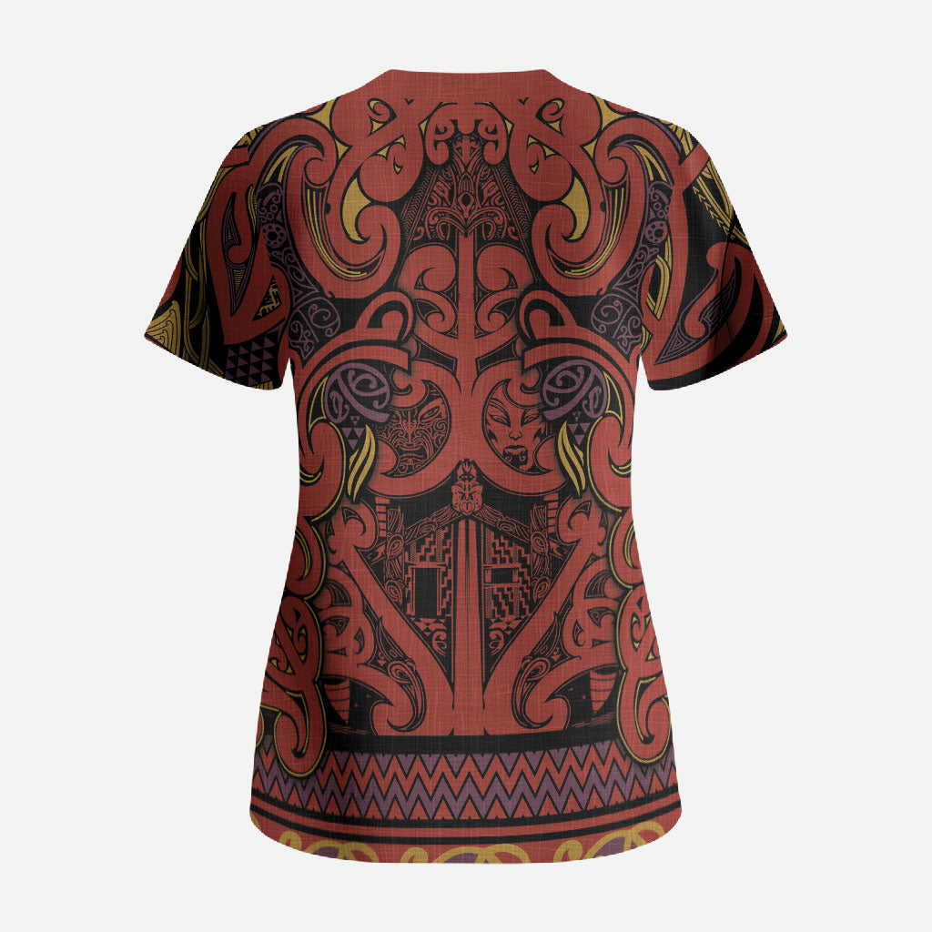 Aotearoa Iwi Rongowhakaata Scrub Top Maori Wharenui House Tribal Pattern LT9 - Polynesian Pride