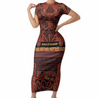 Aotearoa Iwi Rongowhakaata Short Sleeve Bodycon Dress Maori Wharenui House Tribal Pattern LT9 Long Dress Brick Red - Polynesian Pride