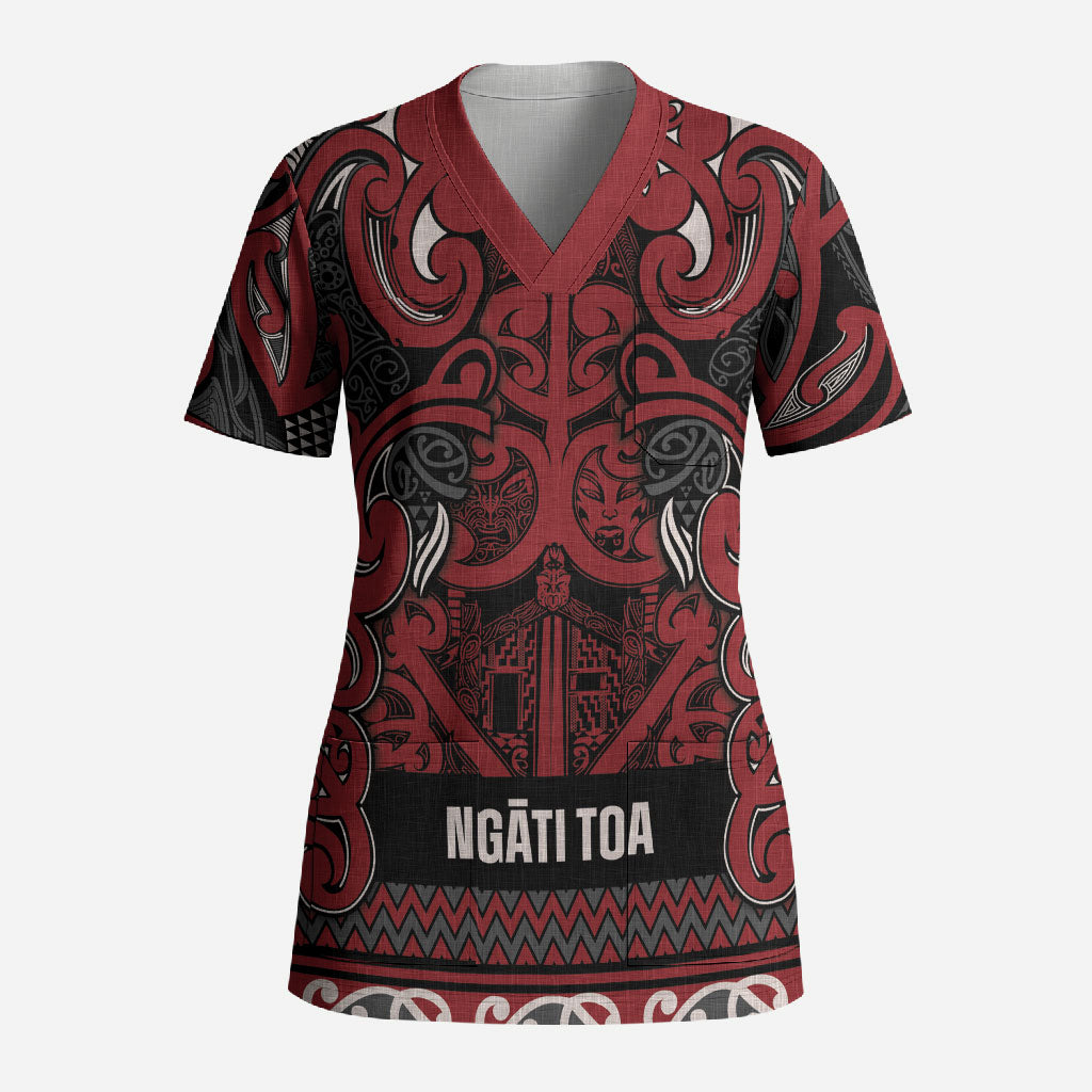 Aotearoa Iwi Ngati Toa Scrub Top Maori Wharenui House Tribal Pattern LT9 Adult Dark Red - Polynesian Pride