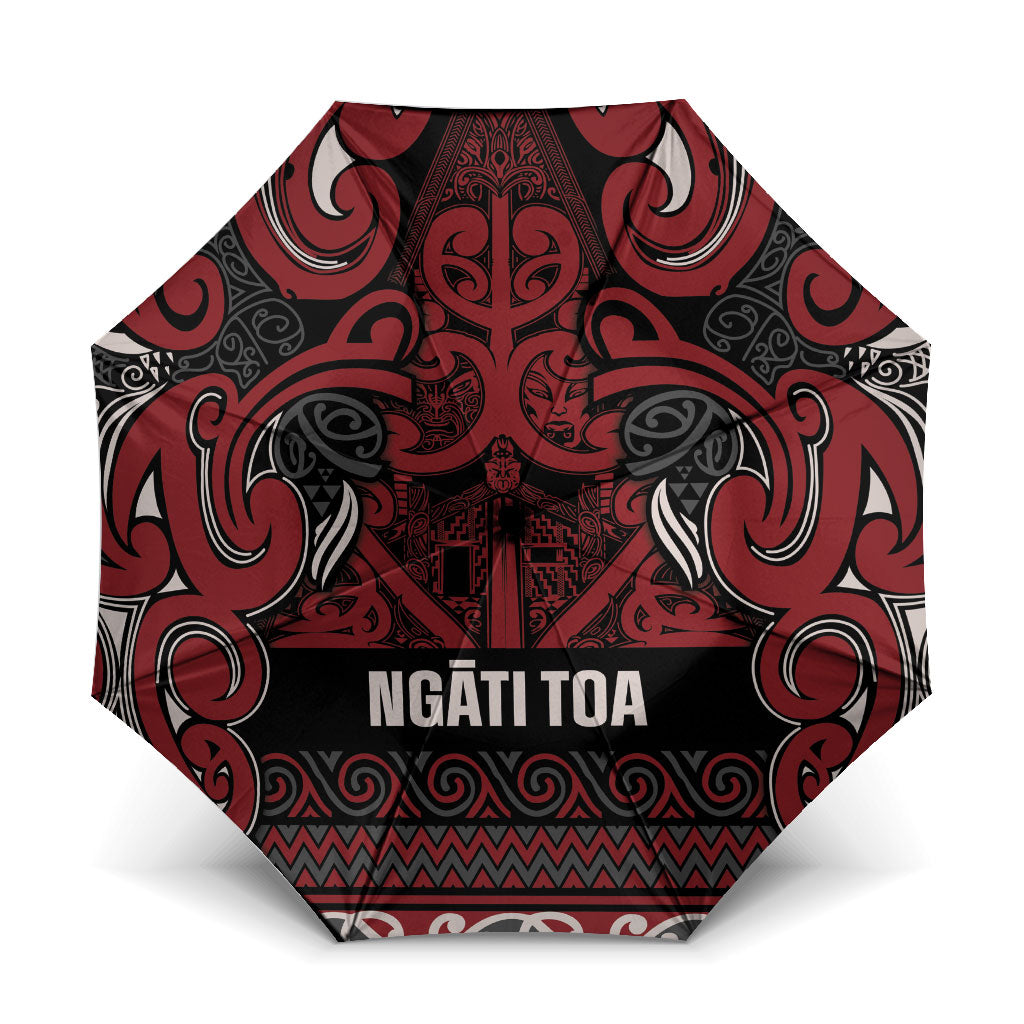 Aotearoa Iwi Ngati Toa Umbrella Maori Wharenui House Tribal Pattern LT9 One Size Folded 11.42 inch Opened Diameter 37.4 inch Dark Red - Polynesian Pride